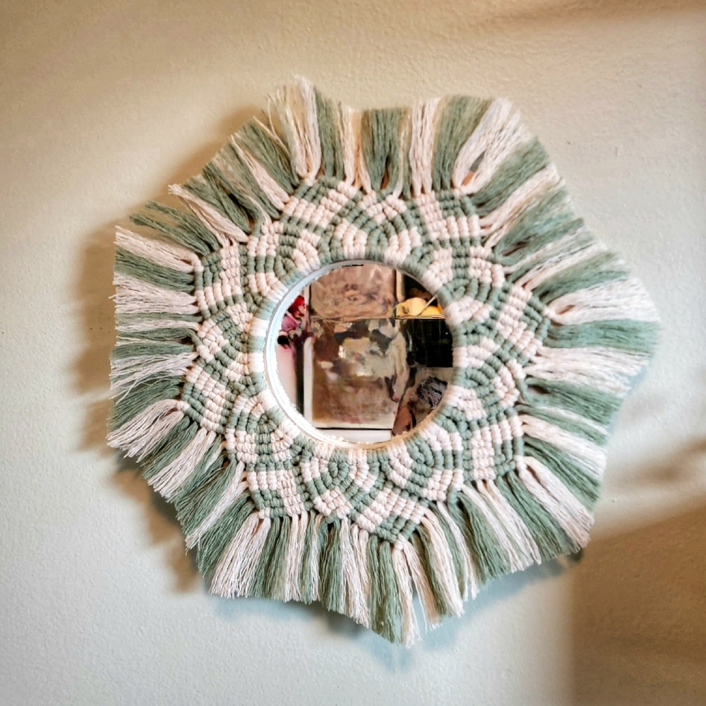 Macrame Mirror Green and White
